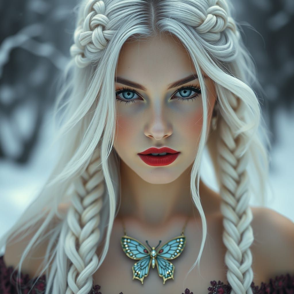 A breathtaking silhouette with long white, floating hair, adorn with intricate braids. Her eyes blue eyes make her look ...
