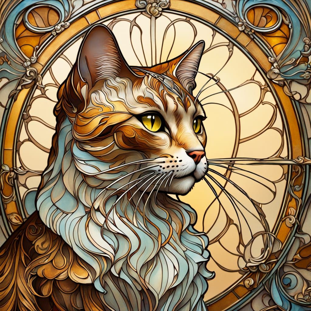 Cat Sipping Coffee in Art Nouveau Style