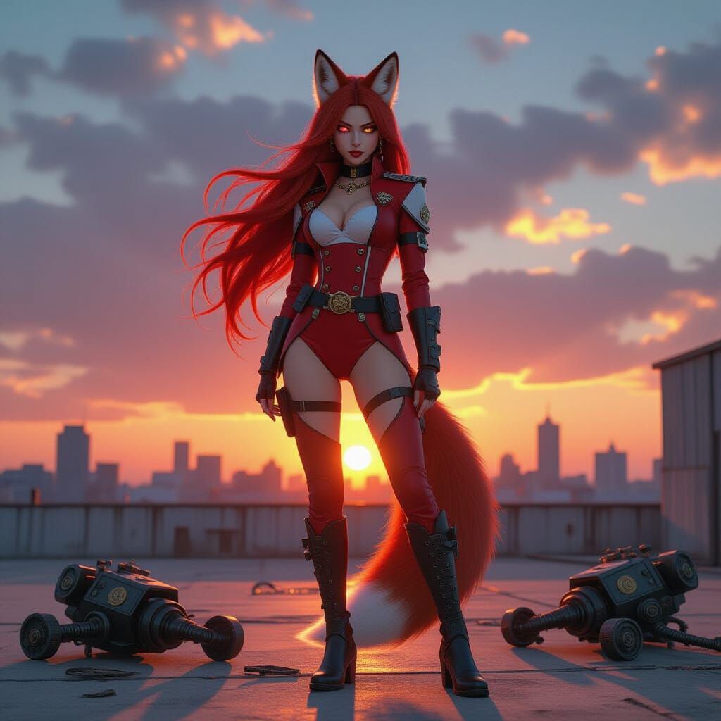 Fox Goddess on Rooftop in 3D Anime Style