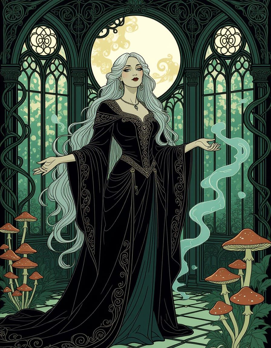 Eldritch Witch in Victorian Conservatory, Art Nouveau Style