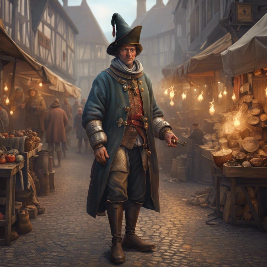 Medieval Man in Market, Hyperrealistic Matte Painting