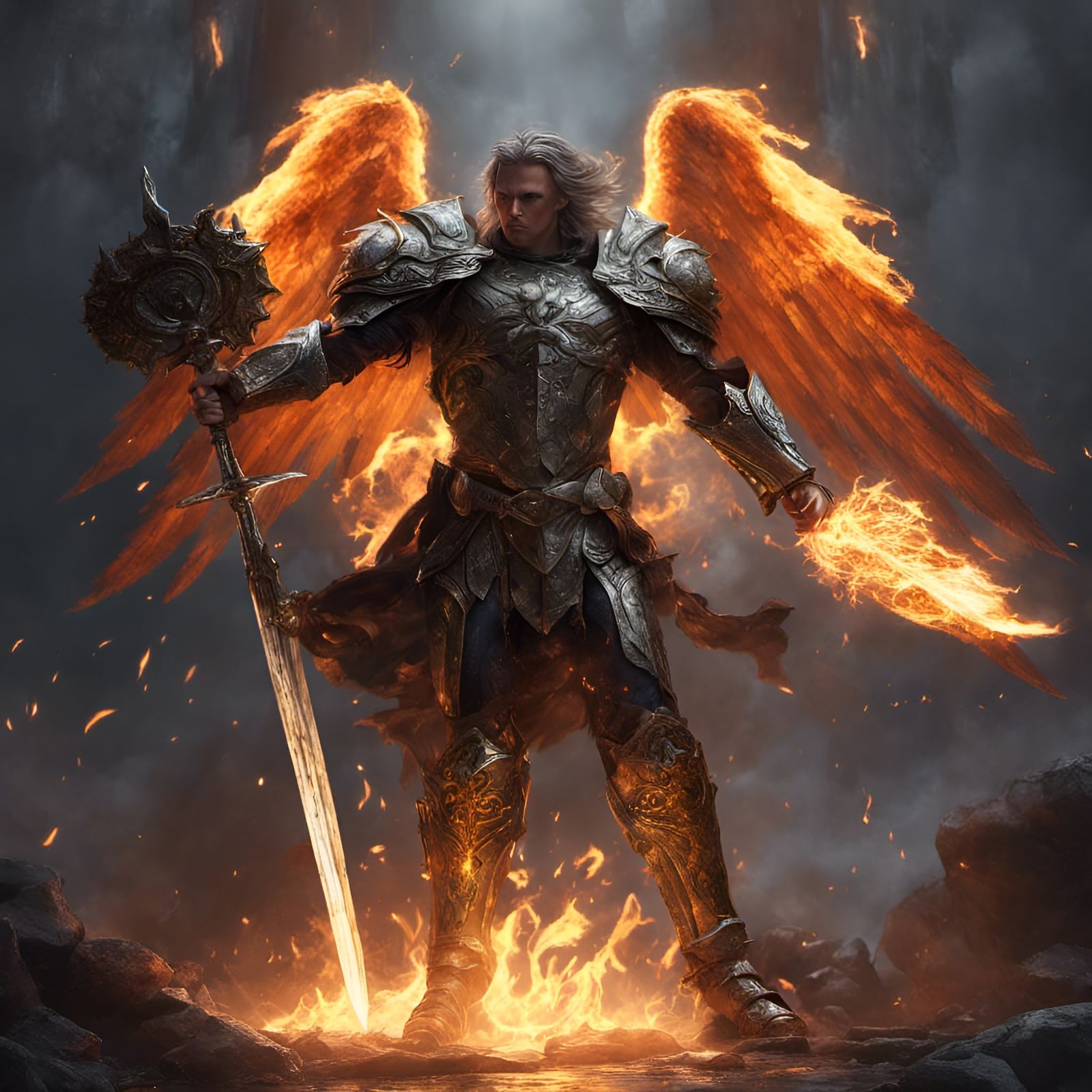 Archangel Michael with Flaming Sword in Dark Fantasy Style