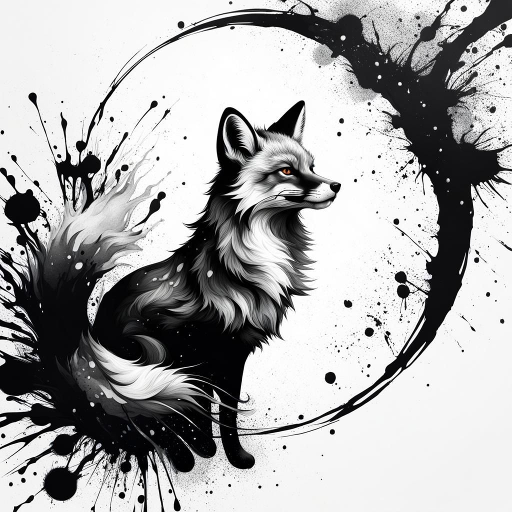 Oriental Fox in Black and White Splatter Art