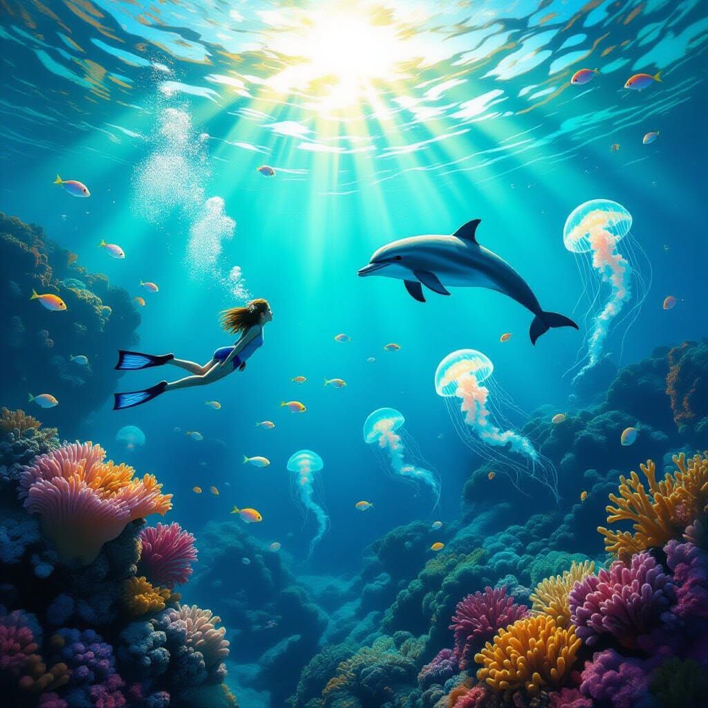 The moment of meeting face to face with a dolphin under the ...