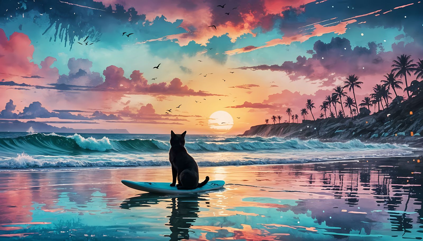 Surfer Cat soaks up Sunset Glow