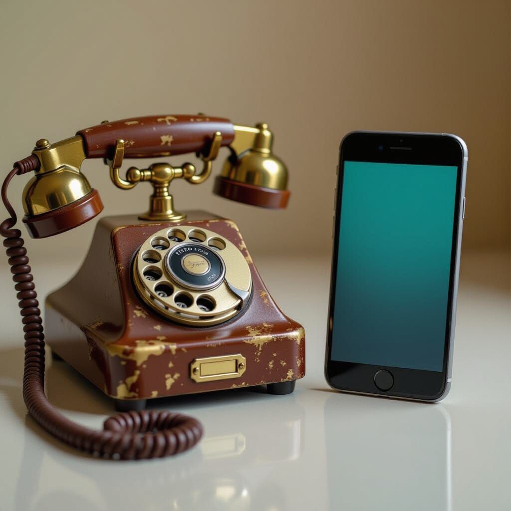 Vintage Phone Meets Modern Smartphone in Stylized Scene