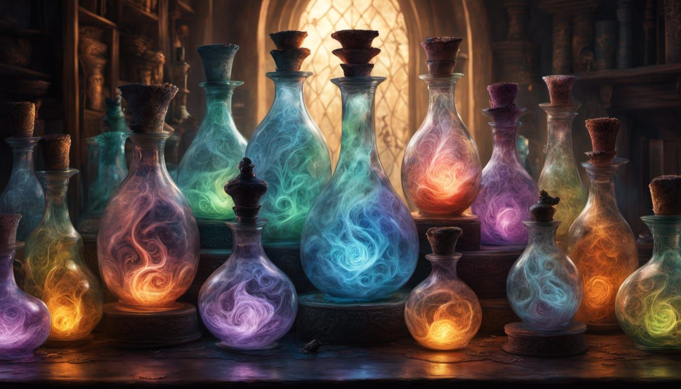 Glowing Potions on a Table in Fantasy Art Style