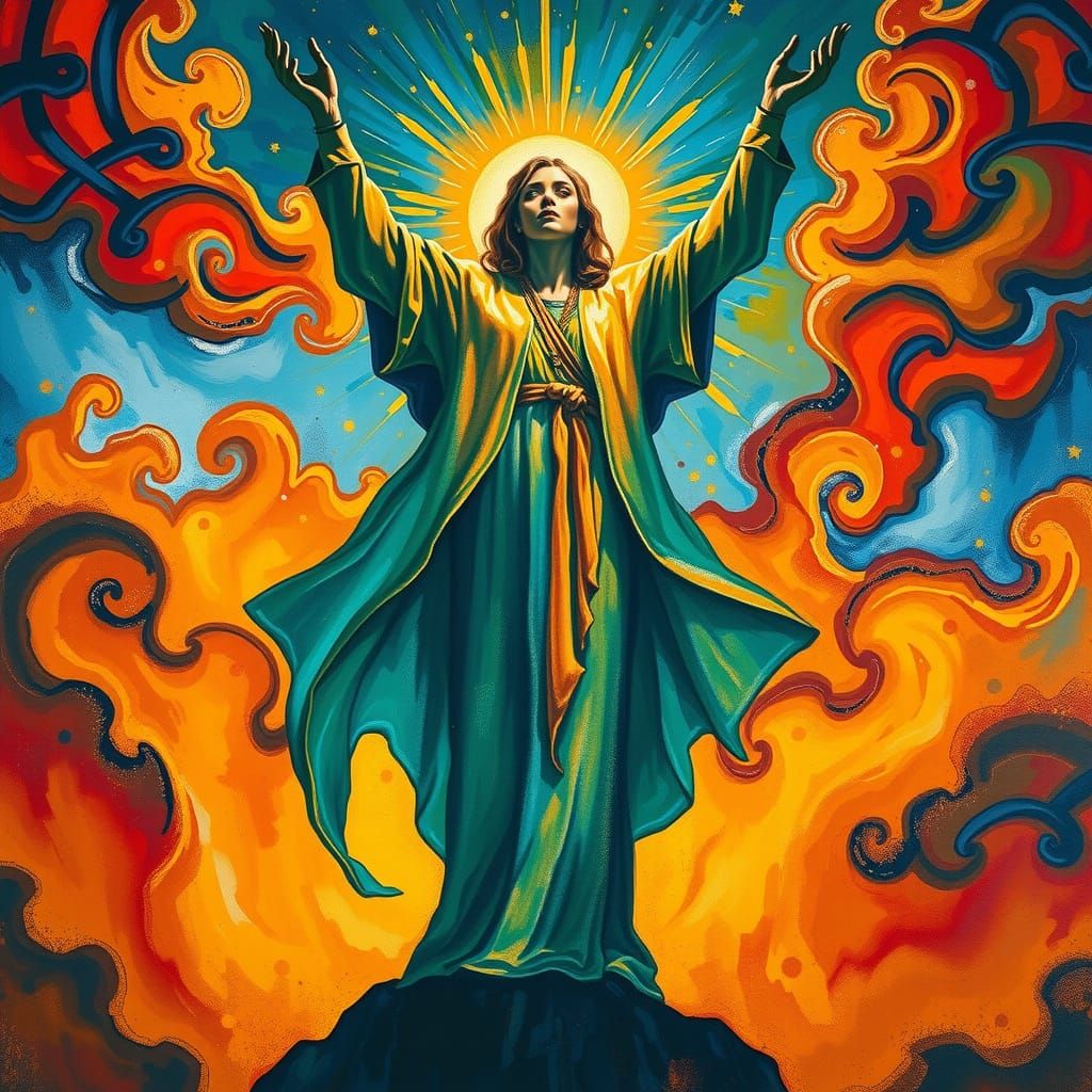 Triumphant Goddess of Inner Victory in Vibrant Expressionist...