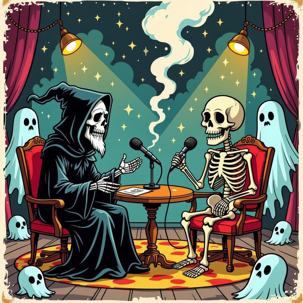 Grim Reaper Hosts Talk Show with Skeleton Comedian