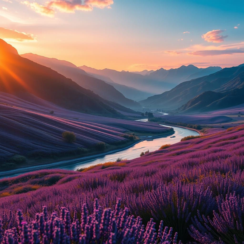 Ethereal Lavender Valley Radiates Warmth at Sunset