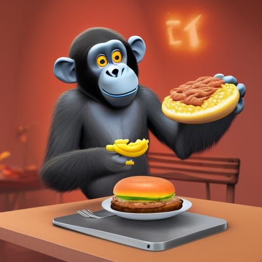 Chimpanzee Chef Cooking Hamburger in Pixar Style