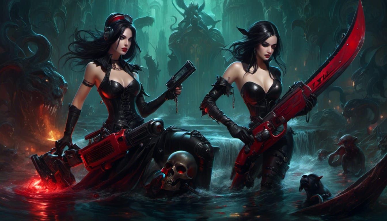 Gothic Vampire Woman with Chainsaw in Swamp