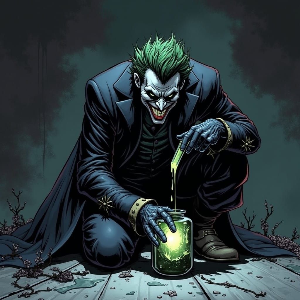 The Batman Who Laughs Sips Green Elixir on a Gothic Ruin