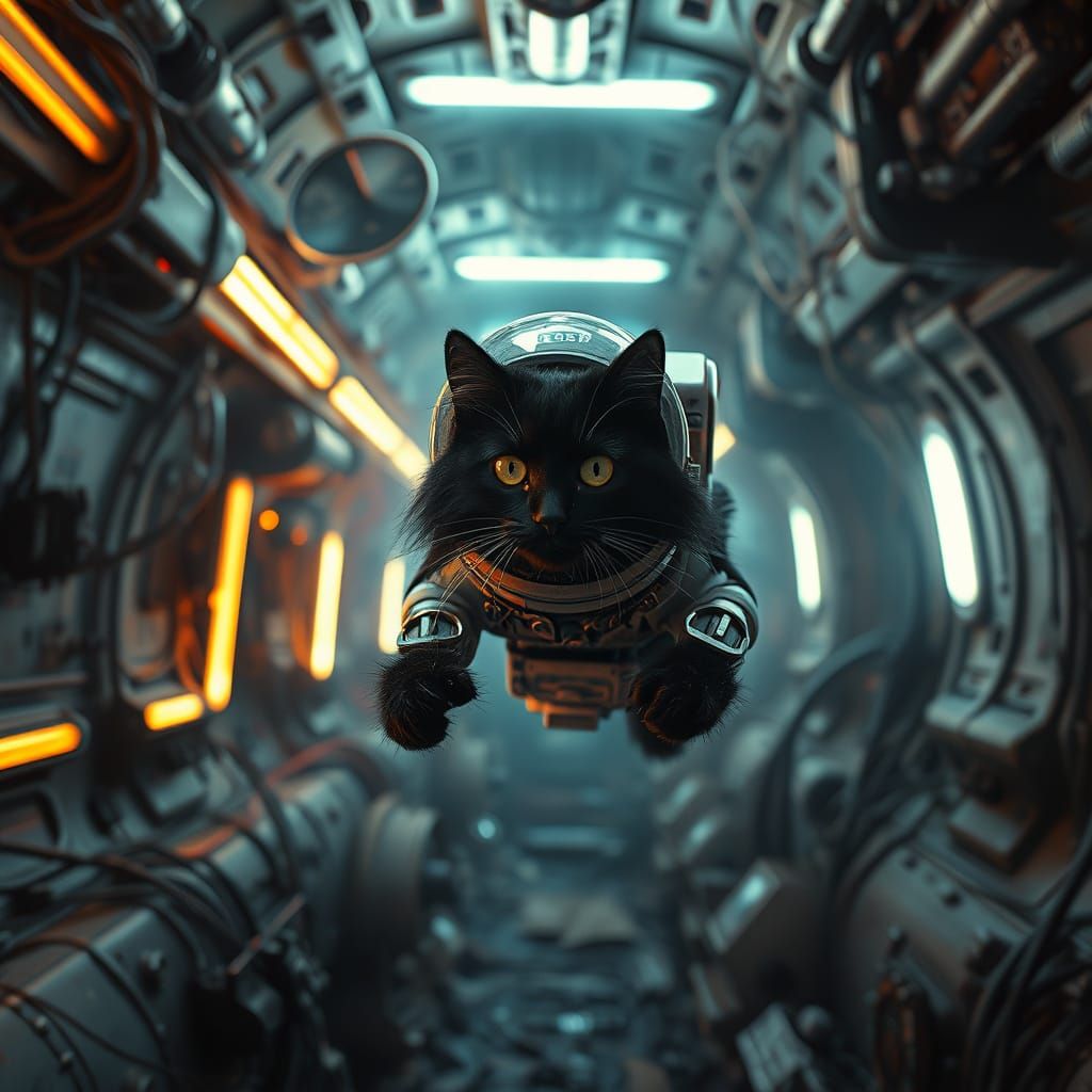 Cyberpunk Cat in Derelict Spaceship
