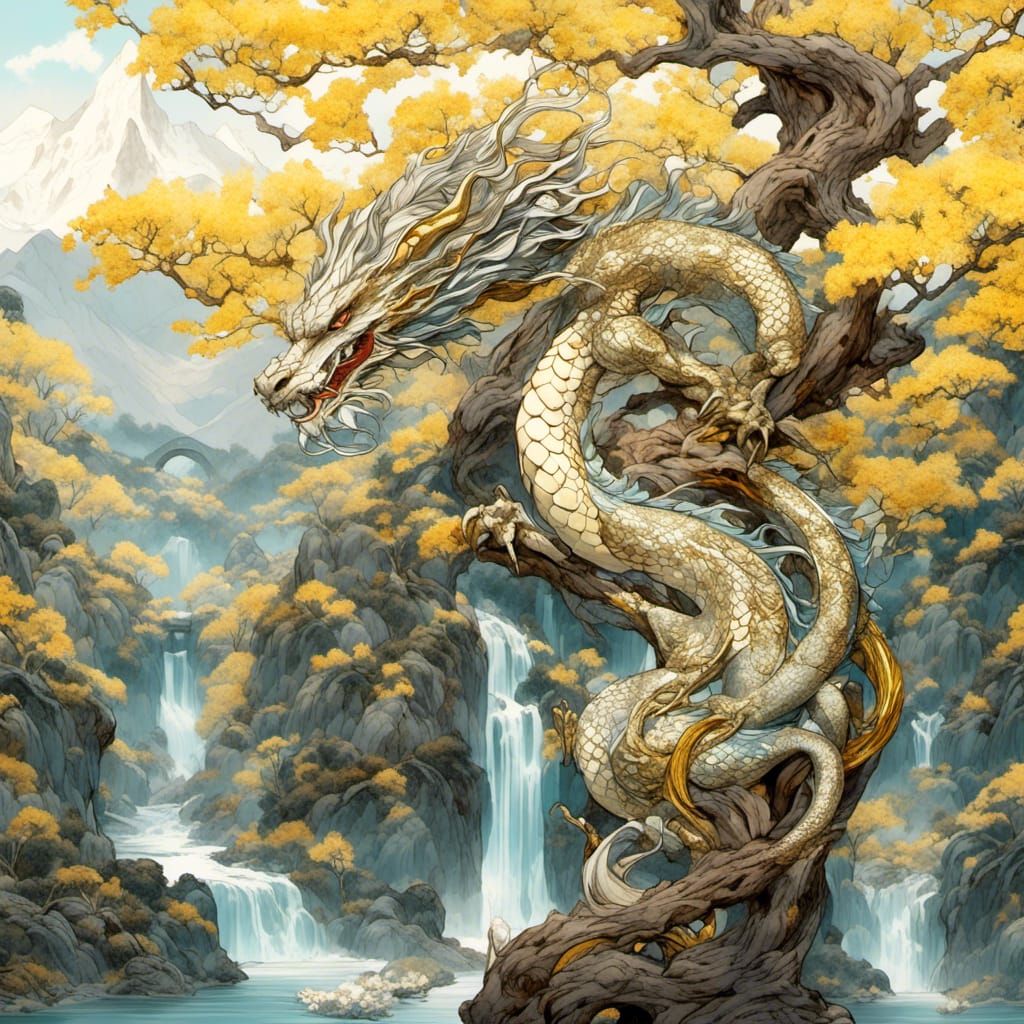 Iridescent Dragon in Japanese Watercolor Style