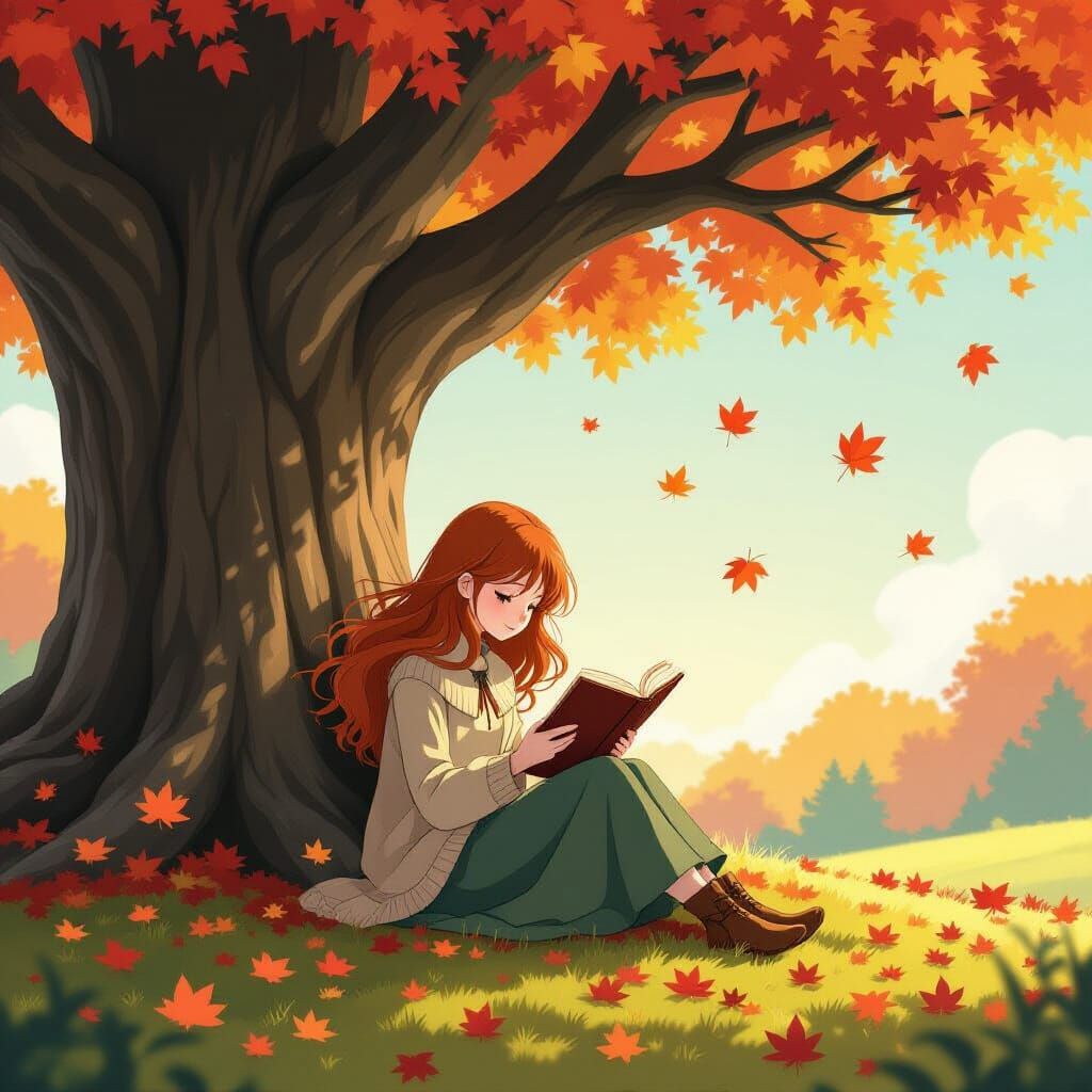 Anime Girl Reading Under Autumn Oak Tree