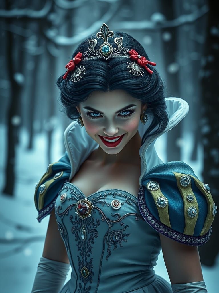 Hyperrealistic Snow White with Evil Smile in Winter Forest