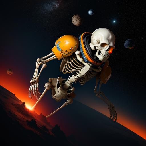 Skeleton in Spacesuit Amidst Exploding Stars