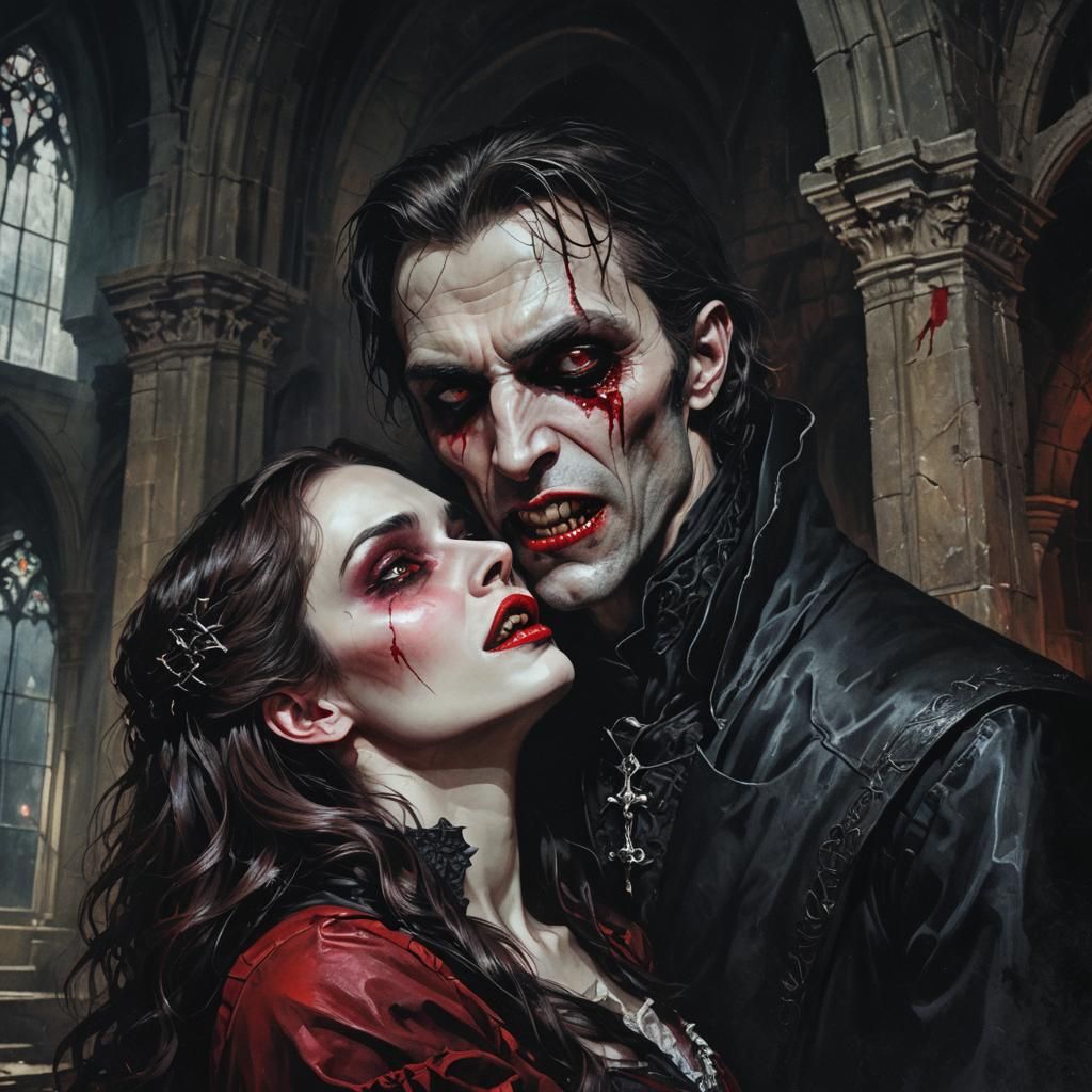 Vampire Girl Bites Neck in Dark Gothic Church