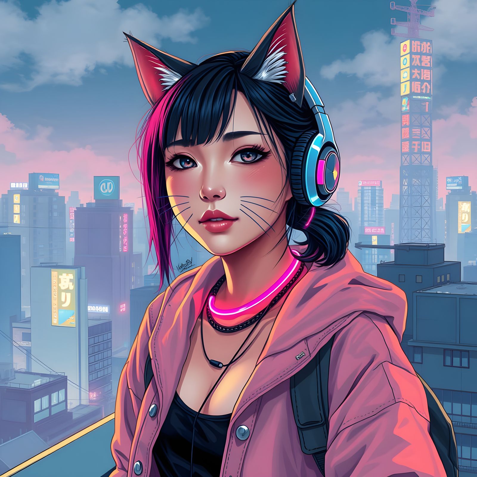 Asian Woman Draws Cat Mural on Cyberpunk Rooftop
