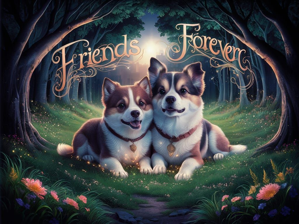 Dogs in Forest Clearing at Night