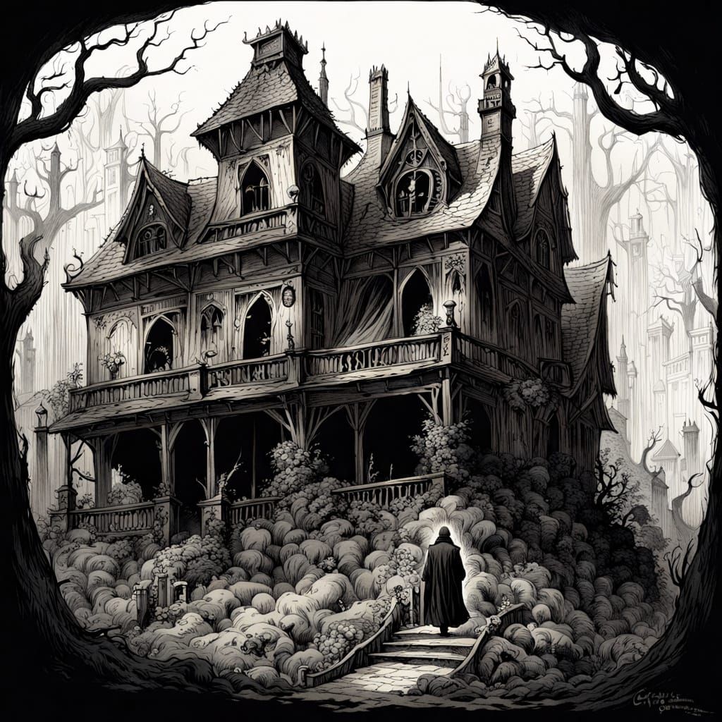 Dark Gothic Mansion in Ink Drawing Style