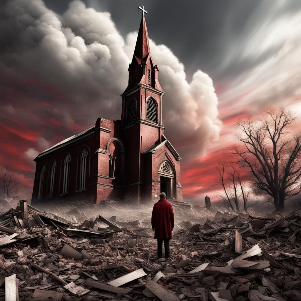 Levitating Figure in Dark Red Sky