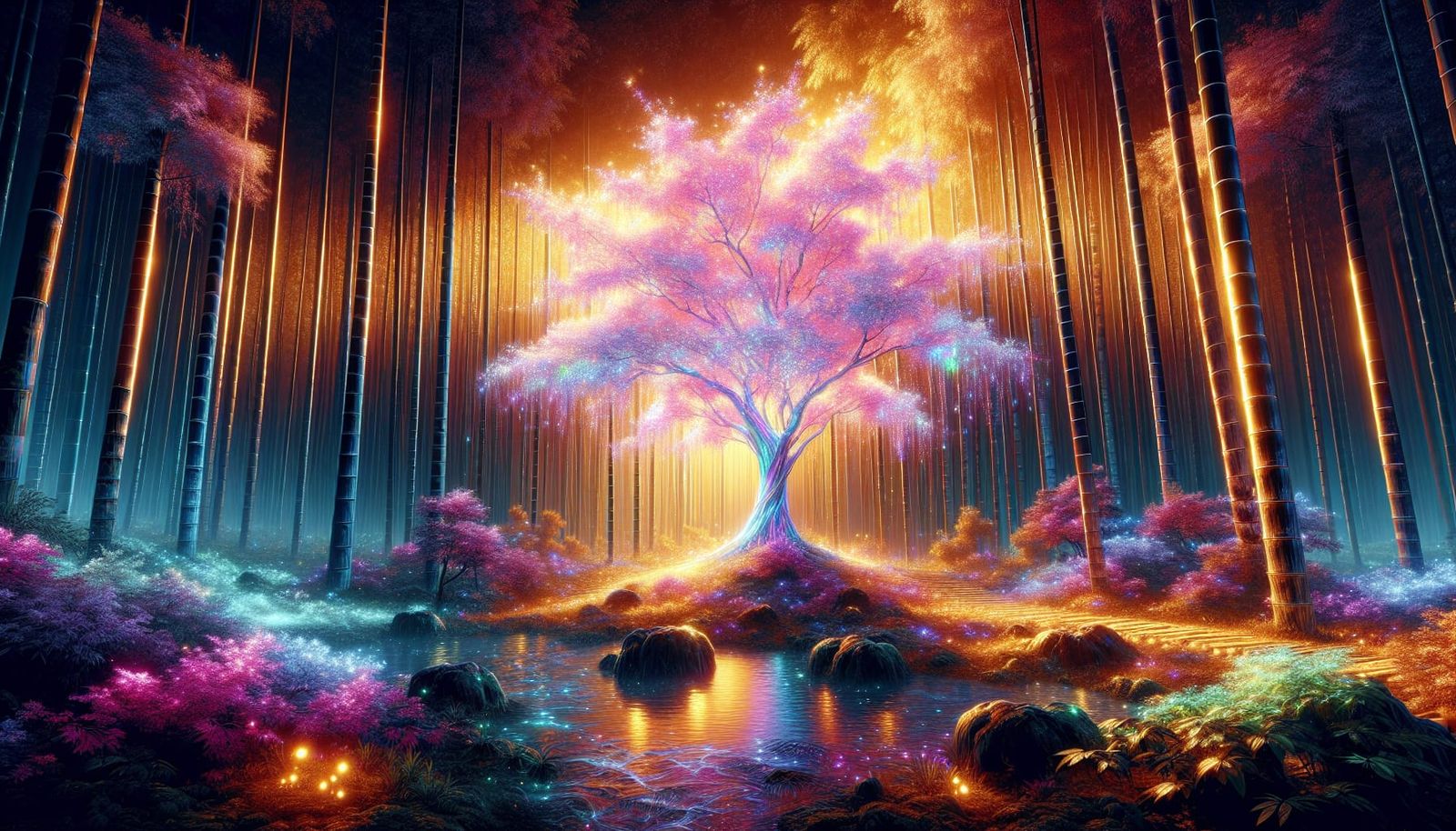 Iridescent Cherry Blossom Tree in Bamboo Forest