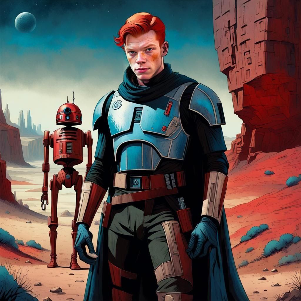 Redhead Smuggler and Droid in Watercolor Fantasy Art