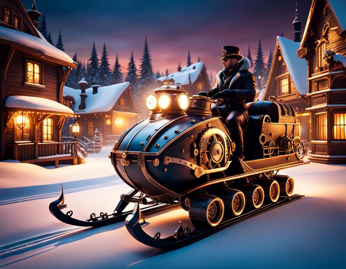 Steampunk Snowmobile in Winter Village at Magic Hour