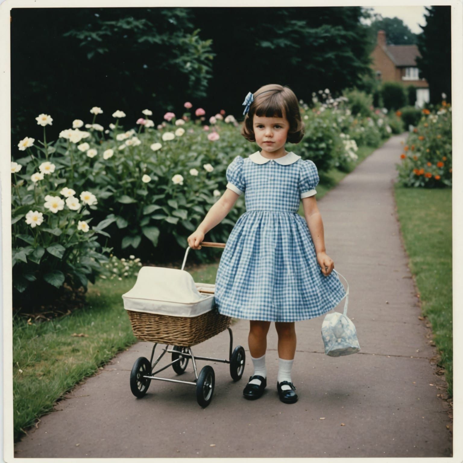 Young Girl in Vintage Gingham Dress Pushes Doll in Pram Down...