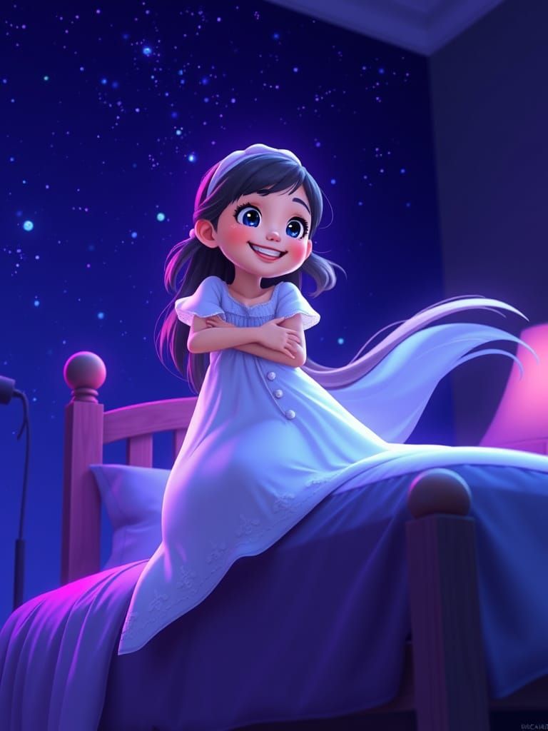 Girl Flying Through the Night Sky in Anime Style