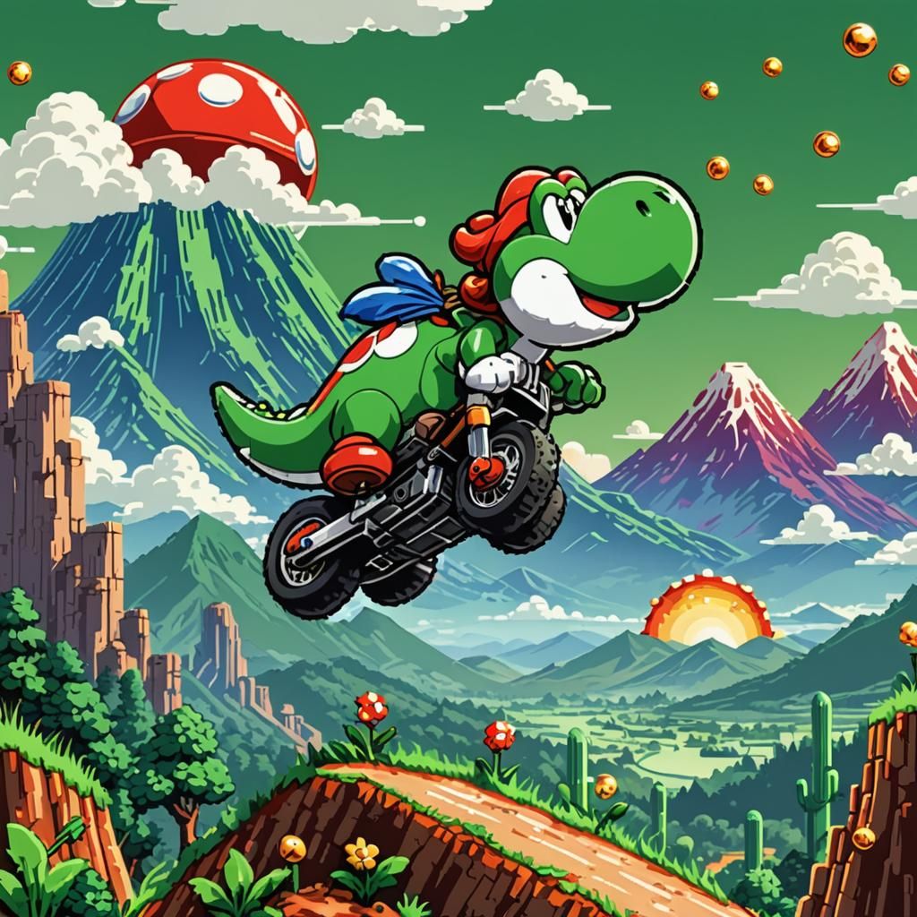 Yoshi Rides Bullet Bill in Pixel Art Scene