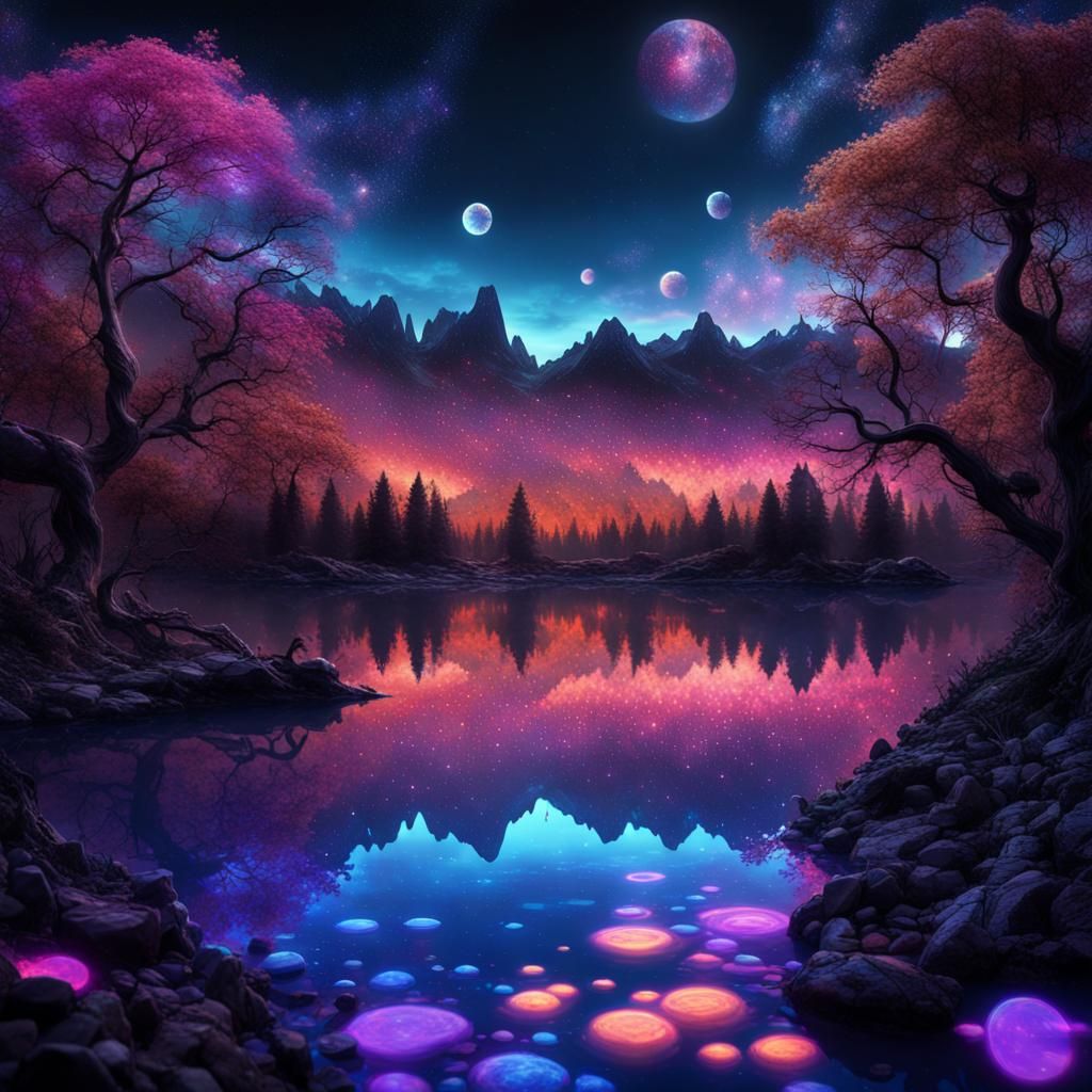 Glowing Glitter Lake in Fantasy Landscape