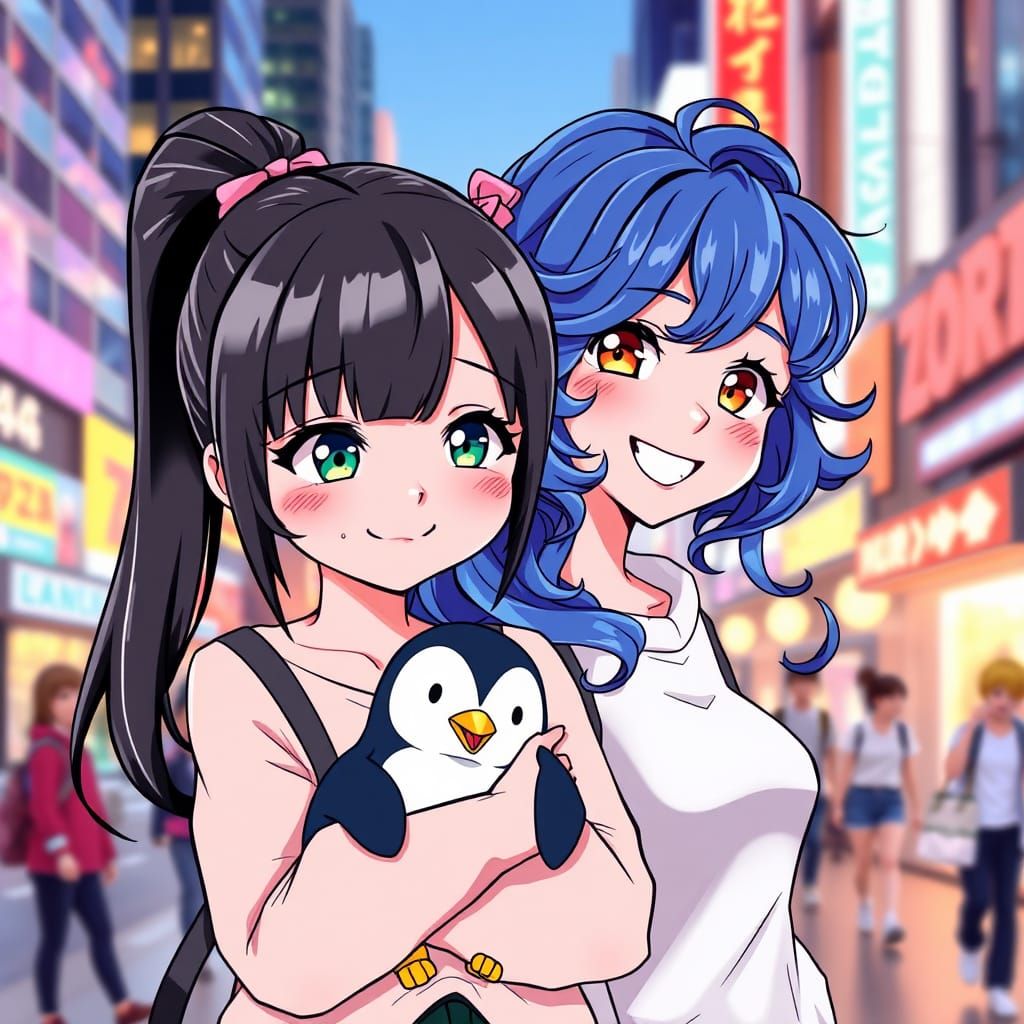 Anime Girls with Penguin in Manga Style