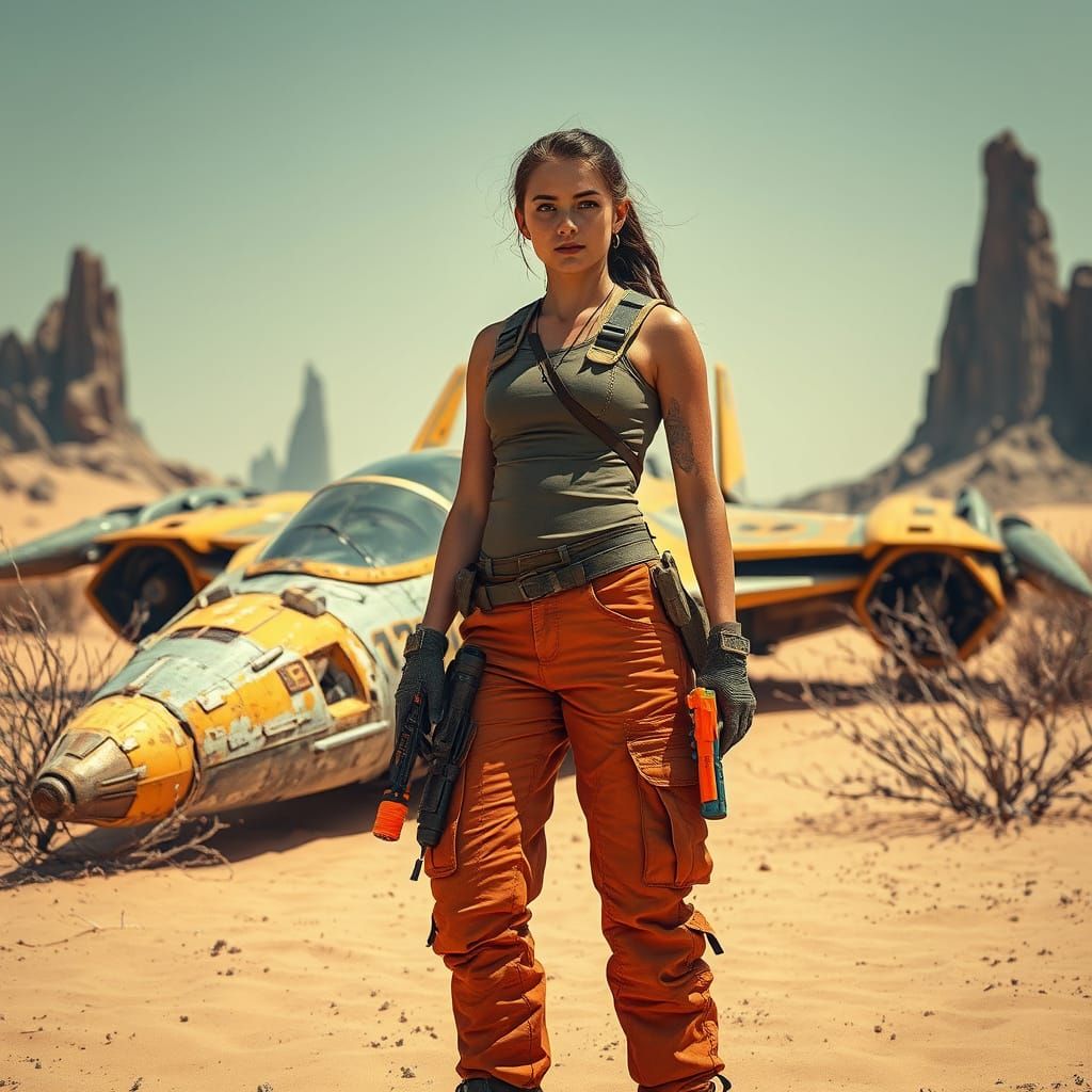 Lone Scavenger Woman Watches Over Rusty Starfighter in Barre...