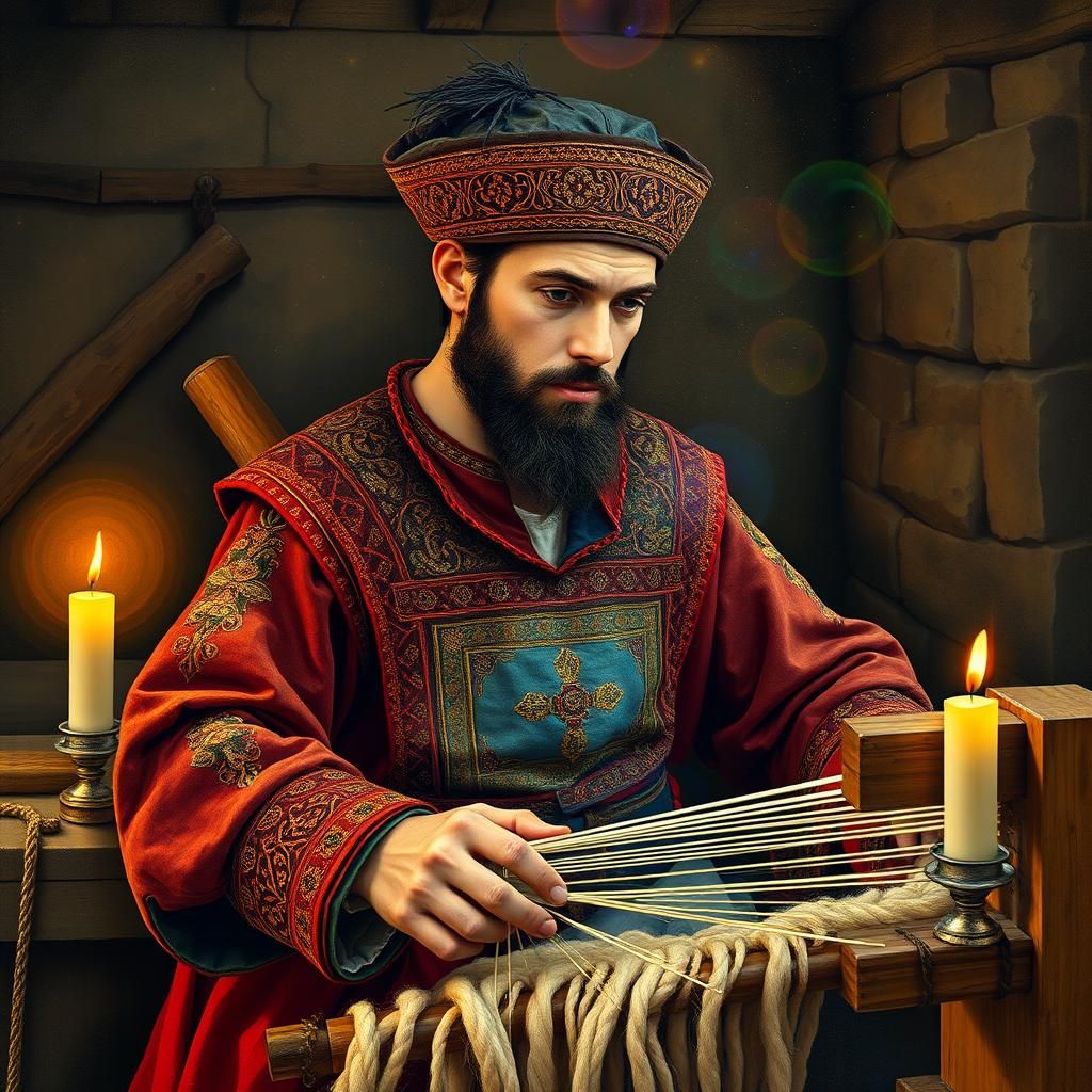 Medieval Nobleman Weaving Tapestry with Holographic Accents