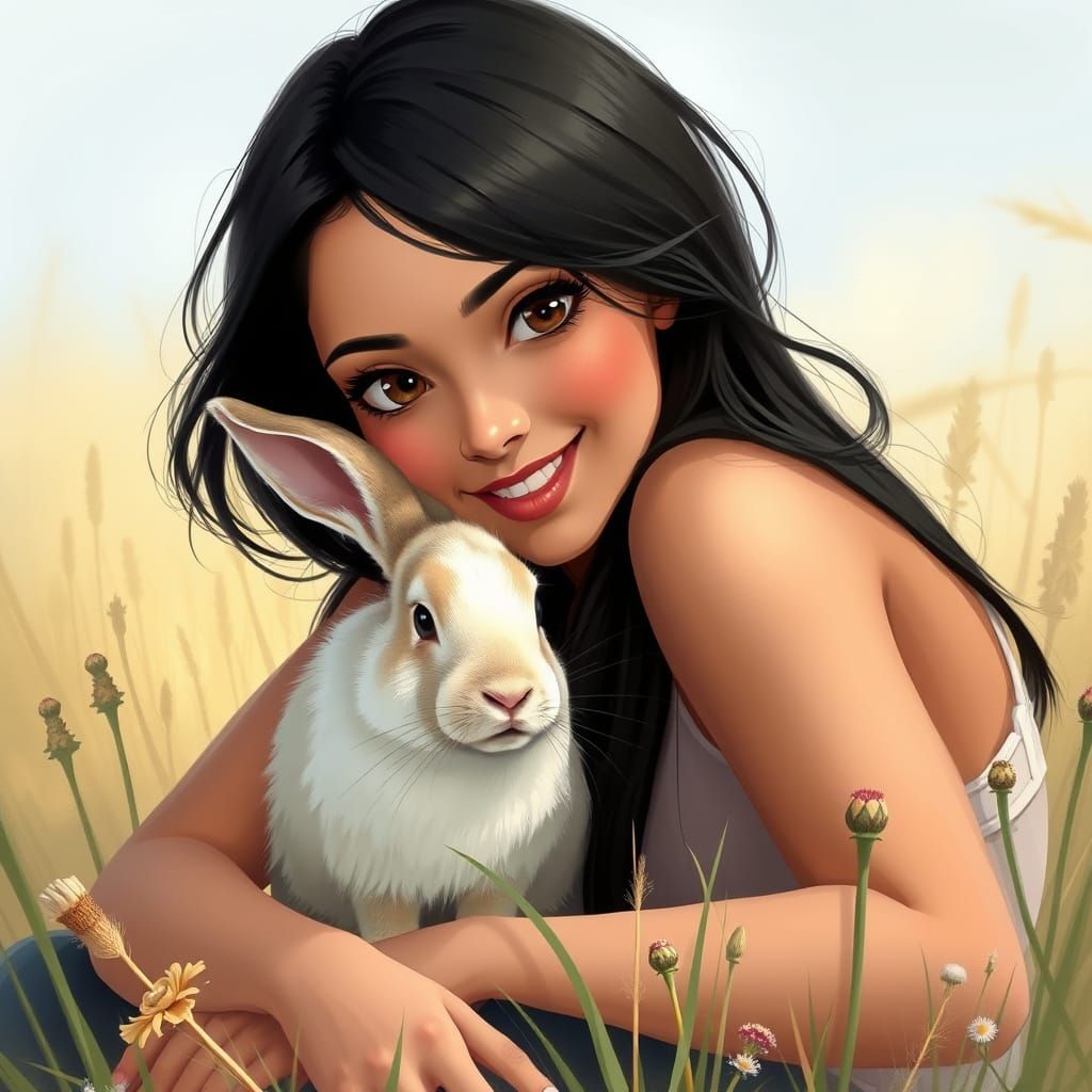 Woman and Rabbit in Field, Airbrush Style