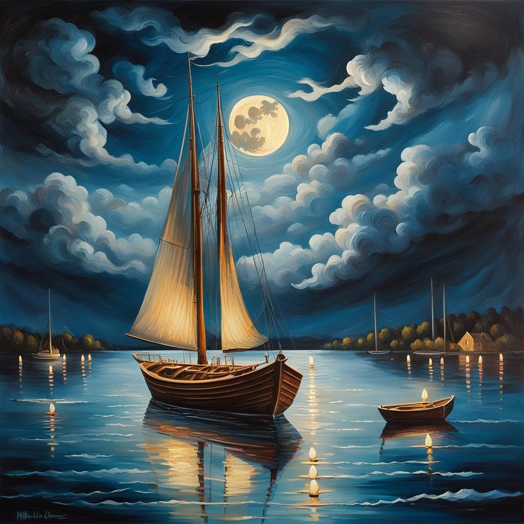 Nighttime Sailboat on Lake in Impressionist Style