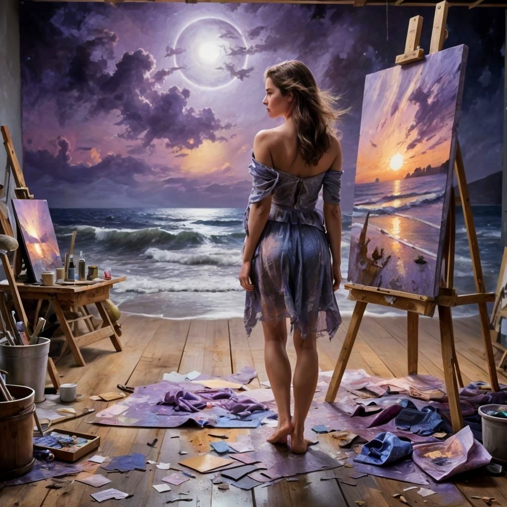 Woman Steps From Torn Canvas Into Moonlit Studio