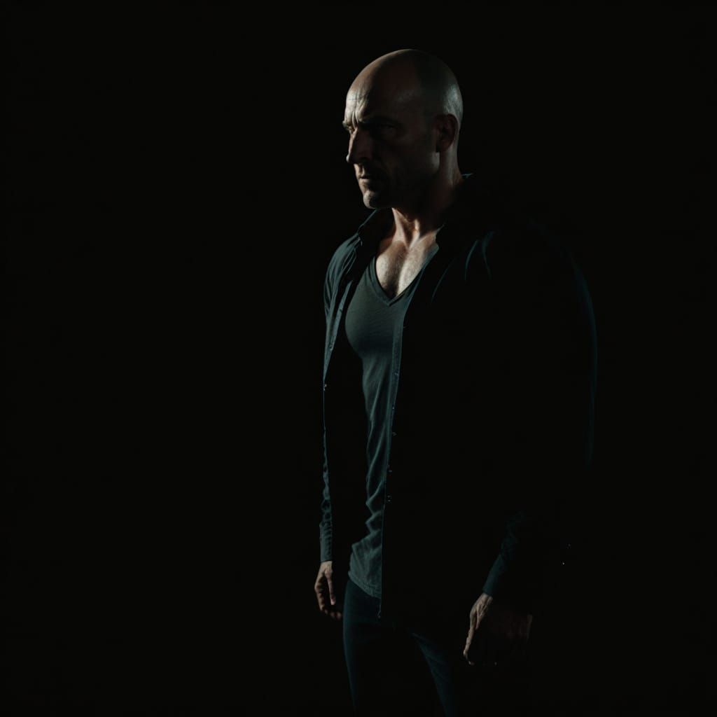 Muscular Bald Man in Black Suit, Cinematic Film Still