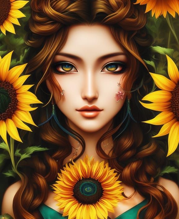 Anime Sunflower Woman Portrait in Rococo Style