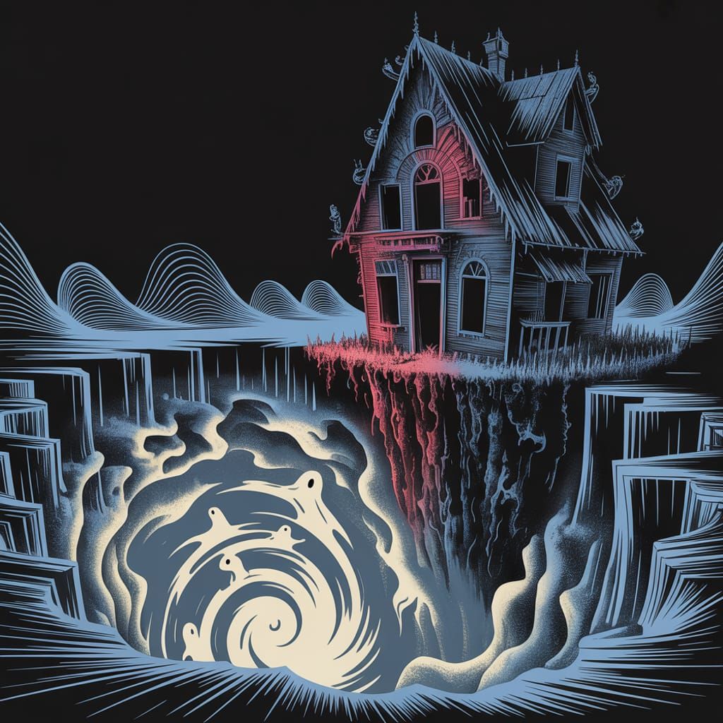 Haunted House Overlooking Chasm with Ghosts in Dark Fantasy ...