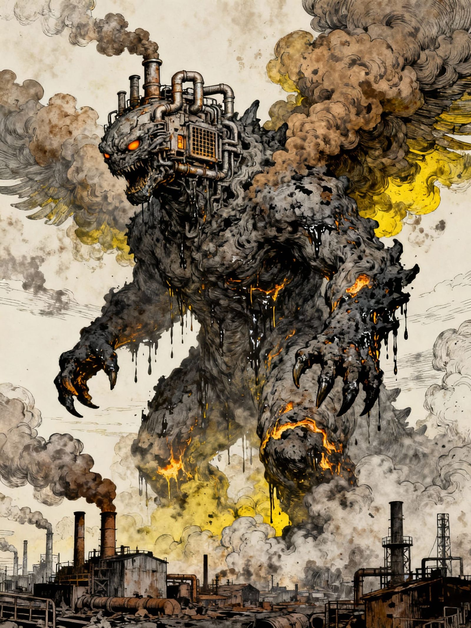 Oily Smoke Kaiju Over Industrial City