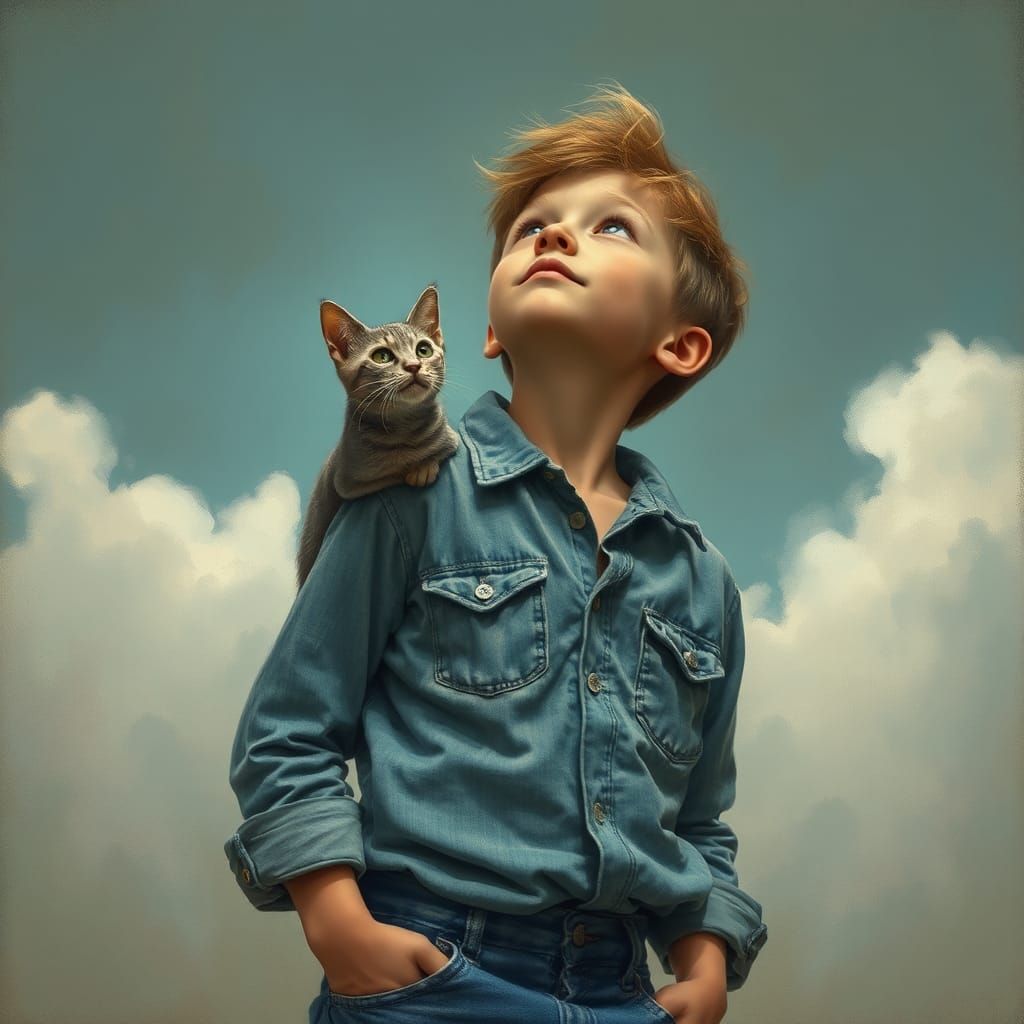 Boy and Cat Gazing Skyward Art