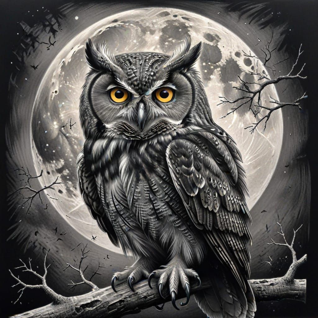 Owl in Charcoal, Under the Full Moon