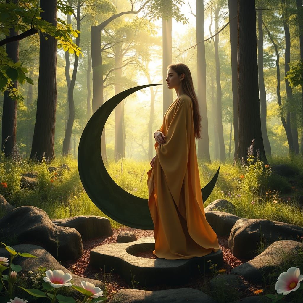 Ethereal Yin and Yang Goddess in Lush Forest Landscape