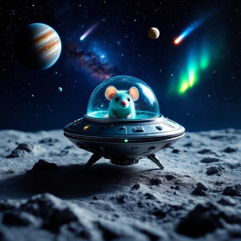 Alien Spaceship with Chibi Mouse on the Moon