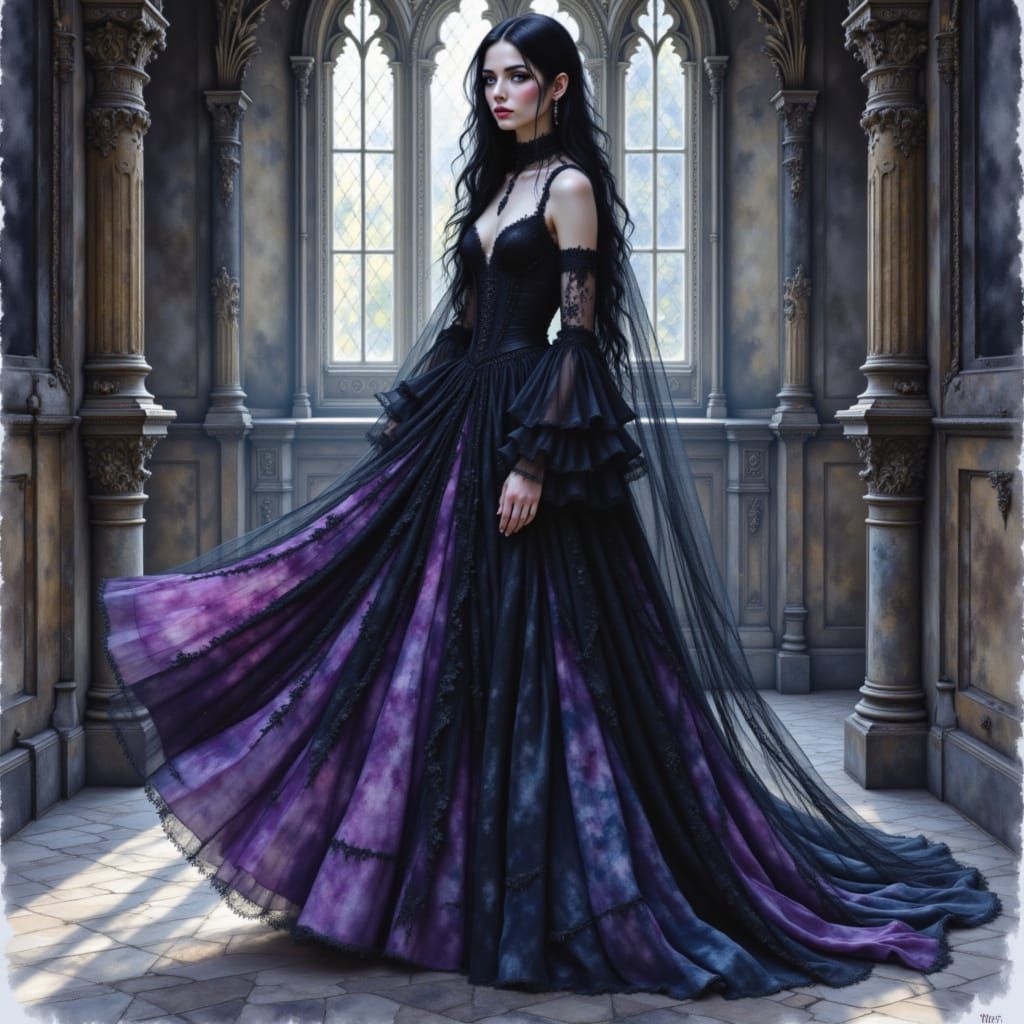 Gothic Gown Portrait in Expressive Watercolor Style