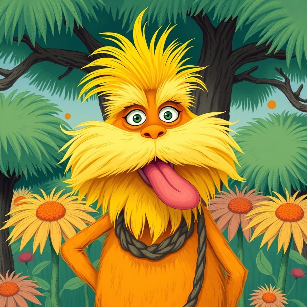 The Lorax Sticks Out His Whimsical Tongue Amidst Truffula Tr...